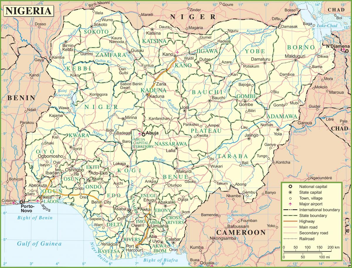 карта Нигерии с указанием основных дорог