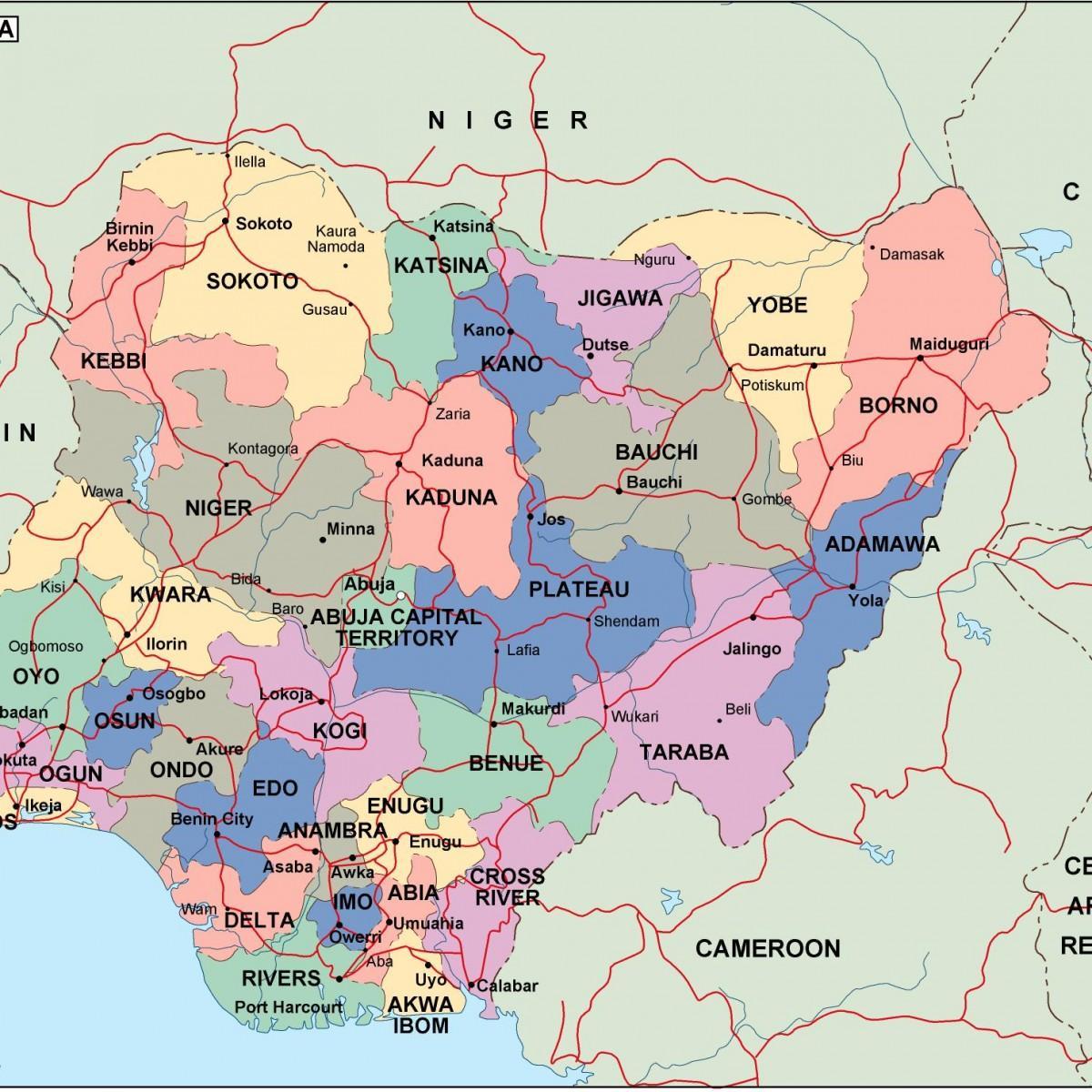 Карта Нигерии с государствами и городами