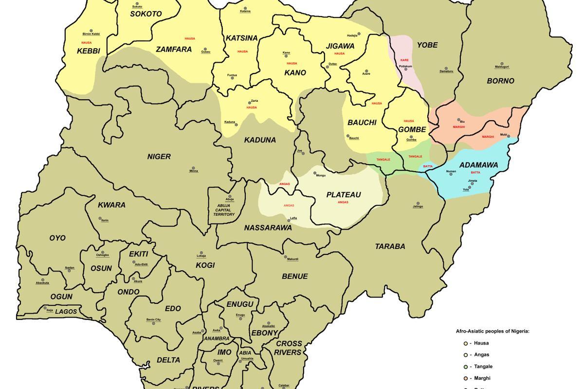 карта Нигерии с 36 государствами
